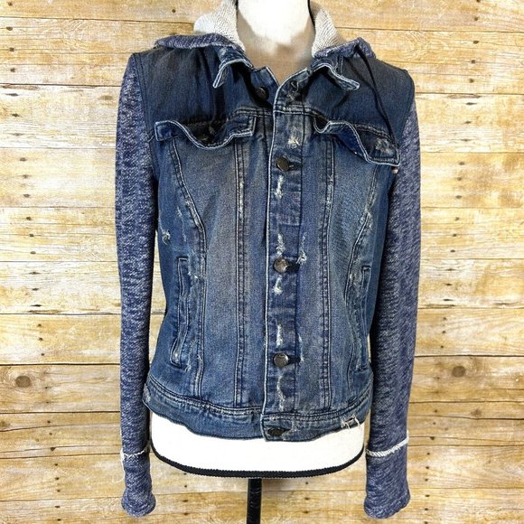 Free People Jackets & Blazers - Free People Distressed Denim Jacket w/Sweater Sleeves Removable Hood Size L